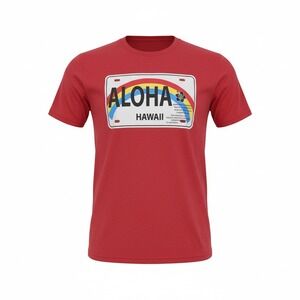 Vintage Mens Aloha Hawaii License Plate Graphic T Shirt Red Size L